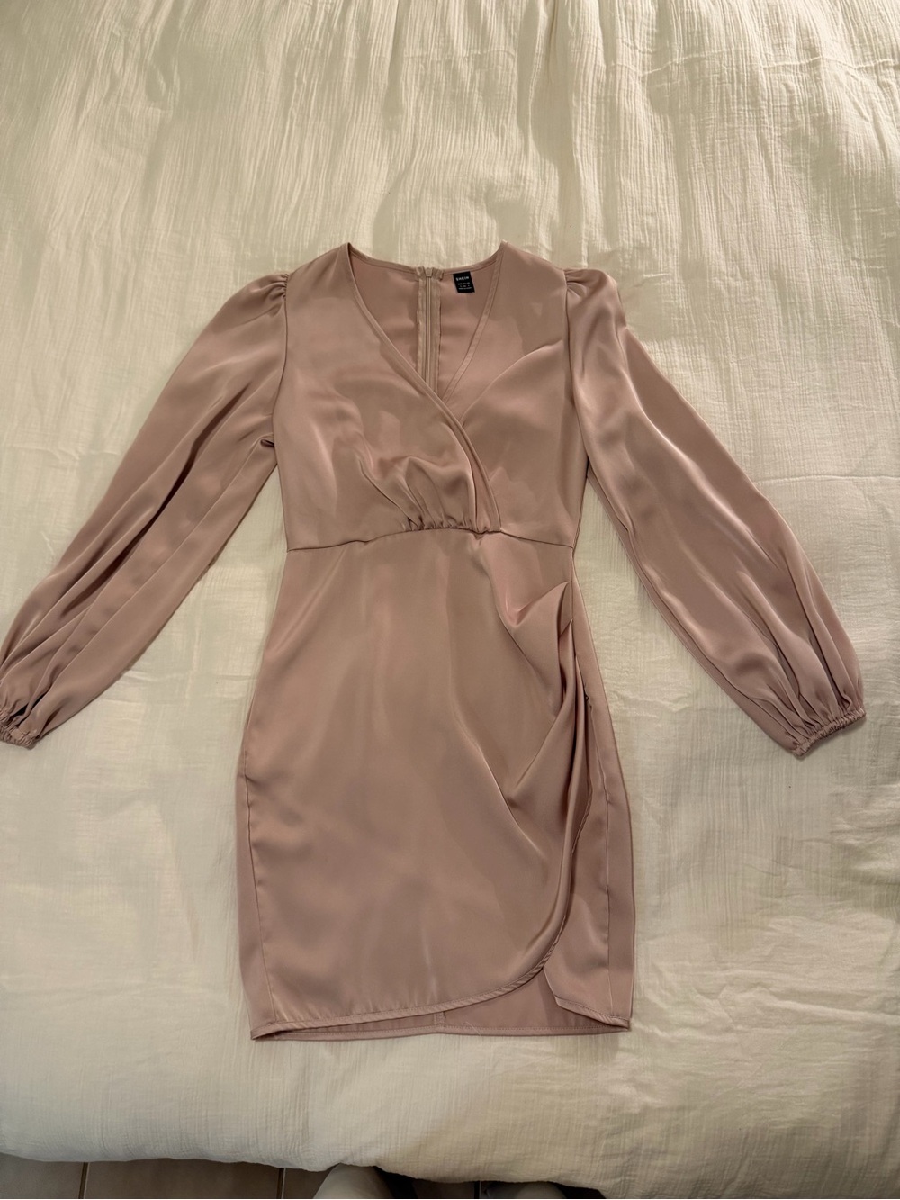 Satin Wrap-Front Long Sleeve Dress in Mauve